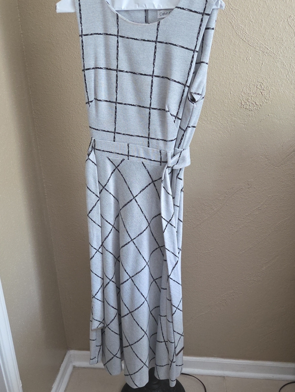 Calvin Klein Light Gray Maxi Dress with Black Windowpane Grid